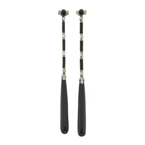 Pair of Platinum, Gold, Black Onyx, Black Enamel and Diamond Pendant-Earclips