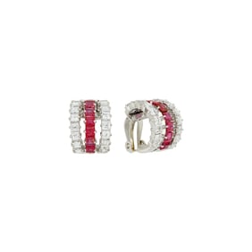 Pair of Platinum, Ruby and Diamond Half-Hoop Earclips
