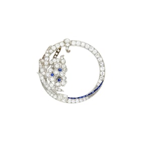 Platinum, Diamond, Cabochon Sapphire and Simulated Sapphire Circle Brooch