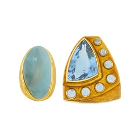 Gold and Carved Aquamarine and Burle Marx Gold, Blue Topaz and Cabochon Aquamarine Pendant-Brooch