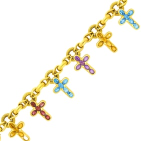 Gold and Colored Stone Cross Charm Bracelet