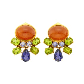 Pair of Gold, Cabochon Orange Garnet, Tanzanite and Peridot Earclips