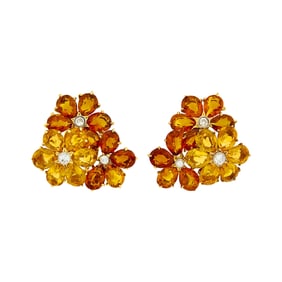 Pair of Gold, Multiciolored Citrine and Diamond Flower Earclips
