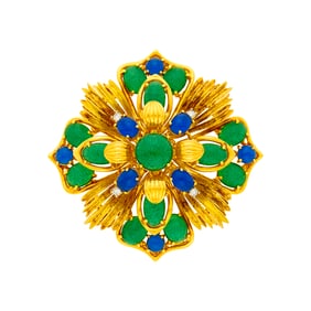 Gold, Green and Blue Molded Glass and Diamond Pendant-Brooch