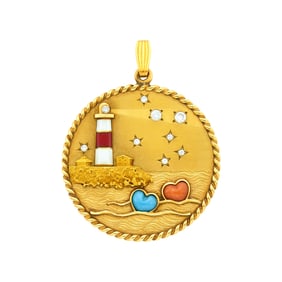 Cartier Gold, Coral, Turquoise, Enamel and Diamond Lighthouse Pendant