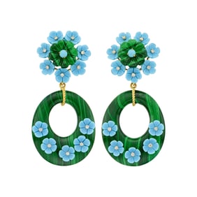 Pair of Gold, Malachite, Carved Turquoise and Diamond Pendant-Earclips