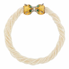 Multistrand Cultured Pearl, Two-Color Gold, Cabochon Emerald and Diamond Panther Head Torsade