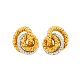Pair of Two-Color Gold and Diamond Fluted Circle Link Earclips