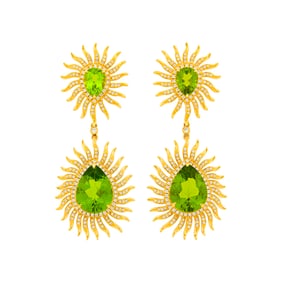Pair of Gold, Peridot and Diamond Sunburst Pendant-Earrings