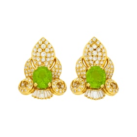 Pair of Gold, Peridot and Diamond Earclips
