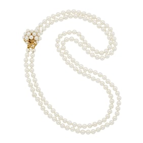 Long Double Strand Cultured Pearl Necklace with Gold, Cultured Pearl and Diamond Clasp