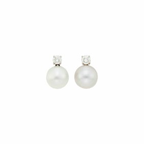 Pair of White Gold, Cultured Pearl and Diamond Earclips