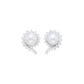 Angela Cummings for Assael Pair of Platinum, South Sea Cultured Pearl and Diamond Earclips