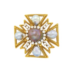 David Webb Gold, Platinum, Multicolored Baroque Cultured Pearl and Diamond Maltese Cross Clip-Brooch