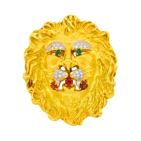 Two-Color Gold, Colored Stone and Diamond Lion Pendant-Brooch