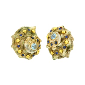 Trianon Pair of Gold, Shell, Blue Topaz and Cabochon Sapphire Earclips