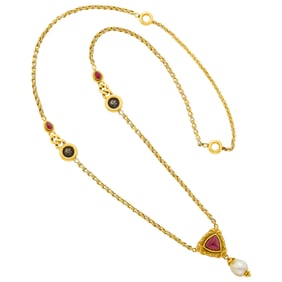 Long Two-Color Gold, Silver Medallion, Cabochon Ruby, Garnet, and Golden Pearl Cultured Pearl Chain