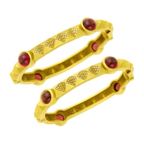 Barry Kieselstein-Cord Pair of Gold, Cabochon Rubellite and Diamond Bangle Bracelets