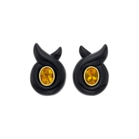 Verdura Pair of Gold, Black Onyx and Citrine 'Cross-Over' Twisted Riboon Earclips