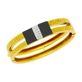 Hammered Gold, Black Onyx and Diamond Bangle Bracelet