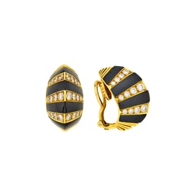 Pair of Gold, Black Onyx and Diamond Half-Hoop Earclips