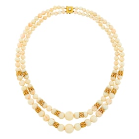 Van Cleef & Arpels Double Strand White and Angel Skin Coral and Gold Link Necklace with Gold and