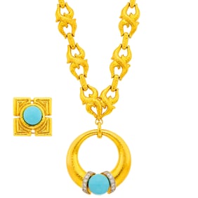 Long Hammered Gold Chain Necklace with Two Two-Color Gold, Turquoise and Diamond Pendants