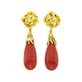 Pair of Gold and Oxblood Coral Pendant-Earclips