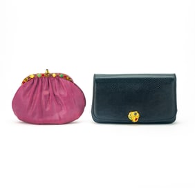 Judith Leiber Two Navy and Pink Lizard and Multicolored Stone Bags