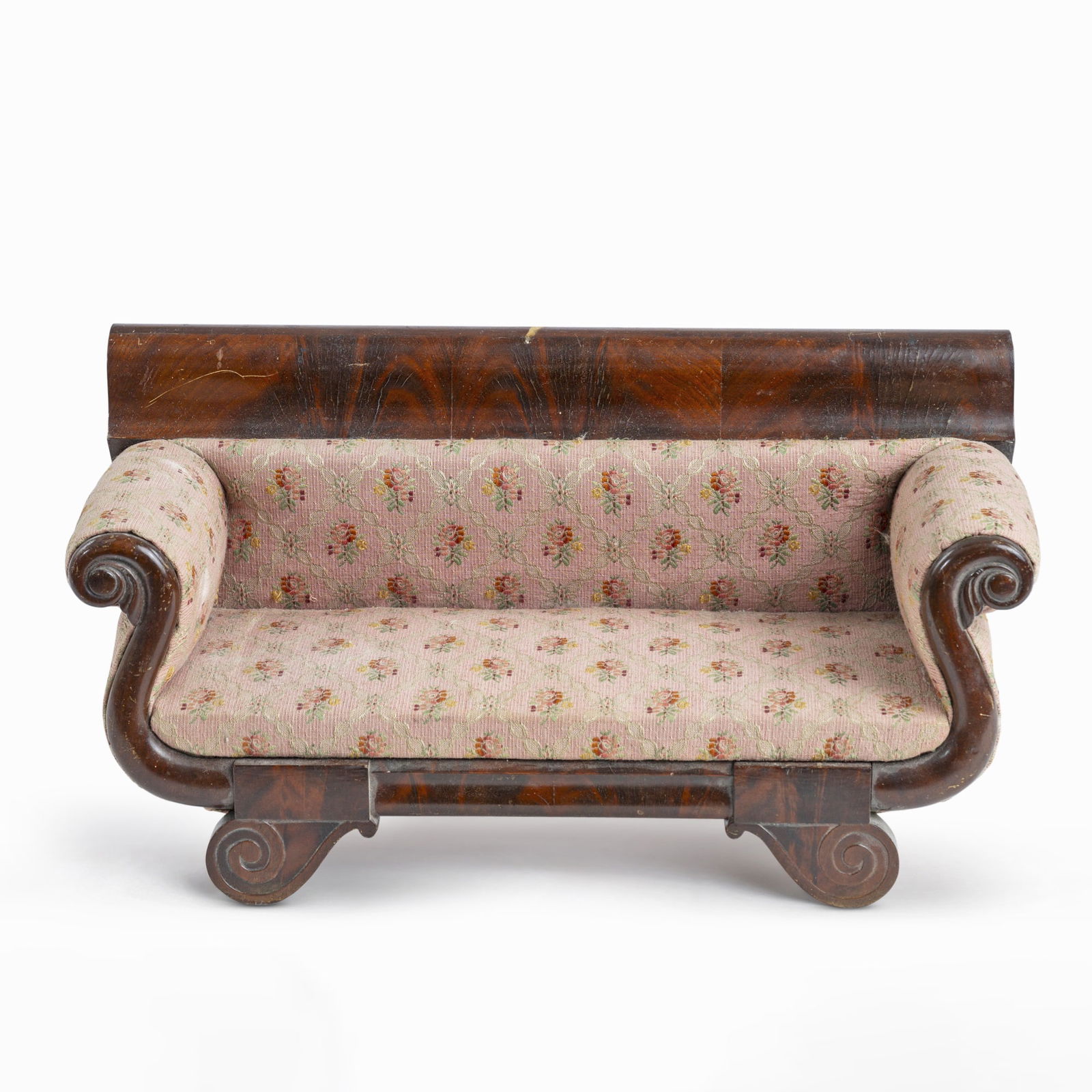 Classical Mahogany Miniature Scroll-Arm Sofa Bears date July 1839: Length 18 inches. some cracking to veneer and stains