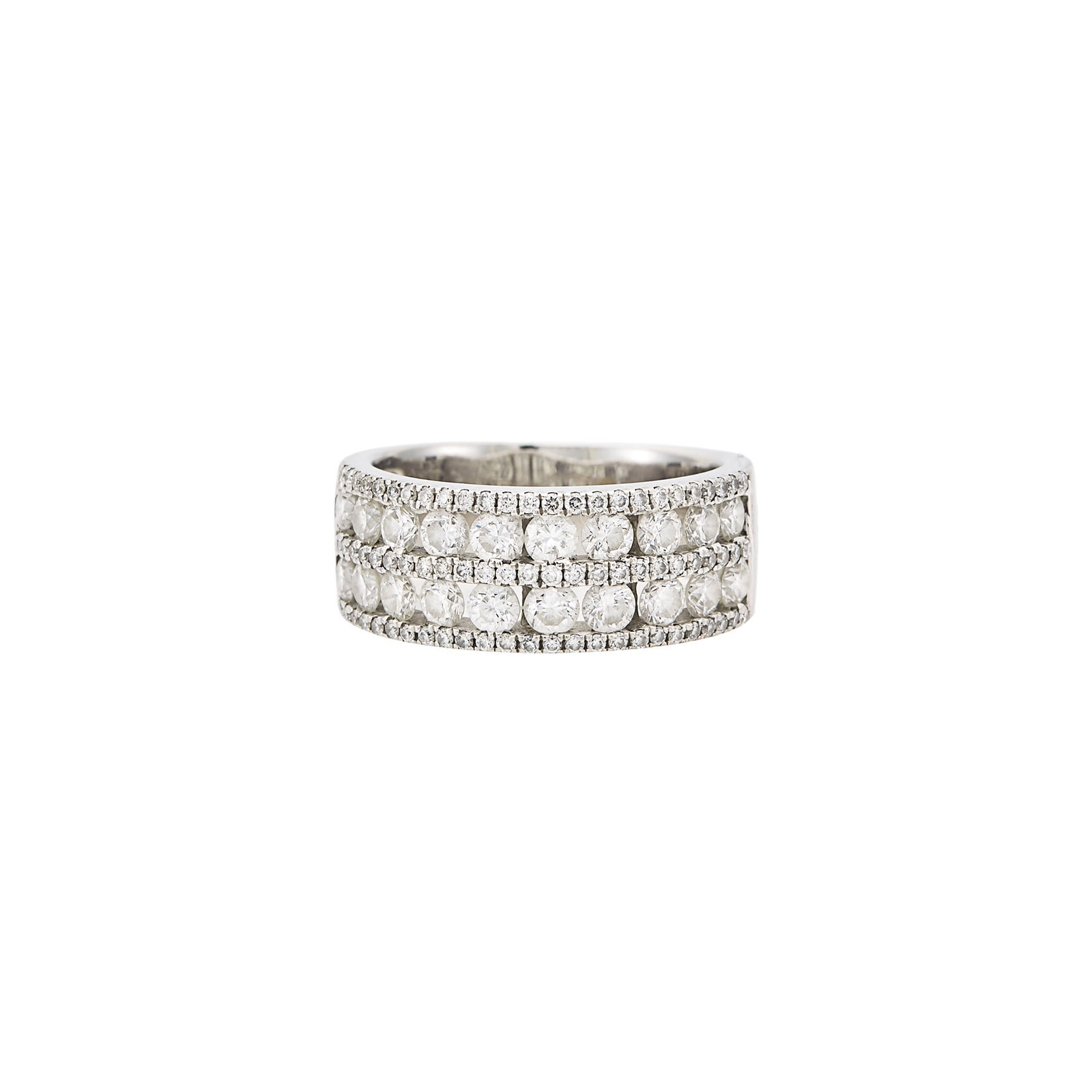 White Gold and Diamond Band Ring: 18 kt., 20 round diamonds ap. 1.40 cts., 75 small round diamonds ap. .20 ct., with maker's mark, ap. 4 dwts. Size 5 1/2. Diamonds: G-H-VS. Width 5/16 inch.