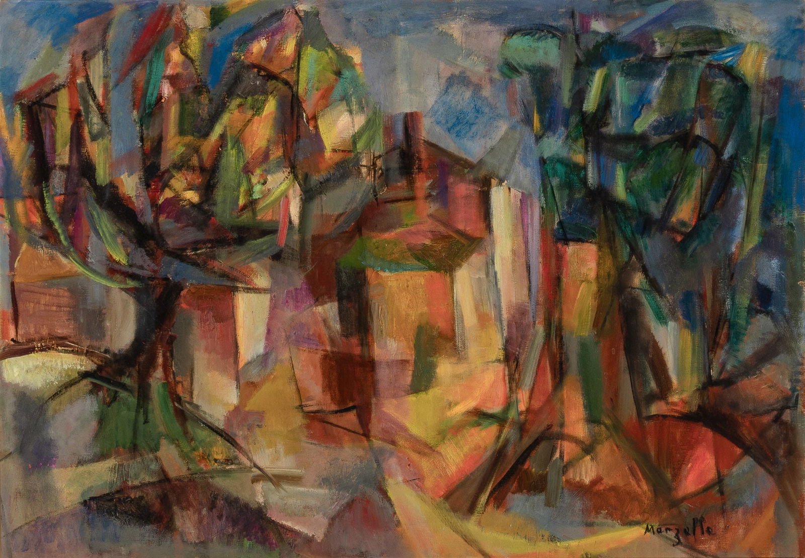 Jean Marzelle: French, 1916-2005Street Scene with House and TreesSigned Marzelle (lr); further signed Marzelle and inscribed 39 rue des Plantes / Paris on the reverseOil on canvas25 1/2 x 36 inches (64.8 x