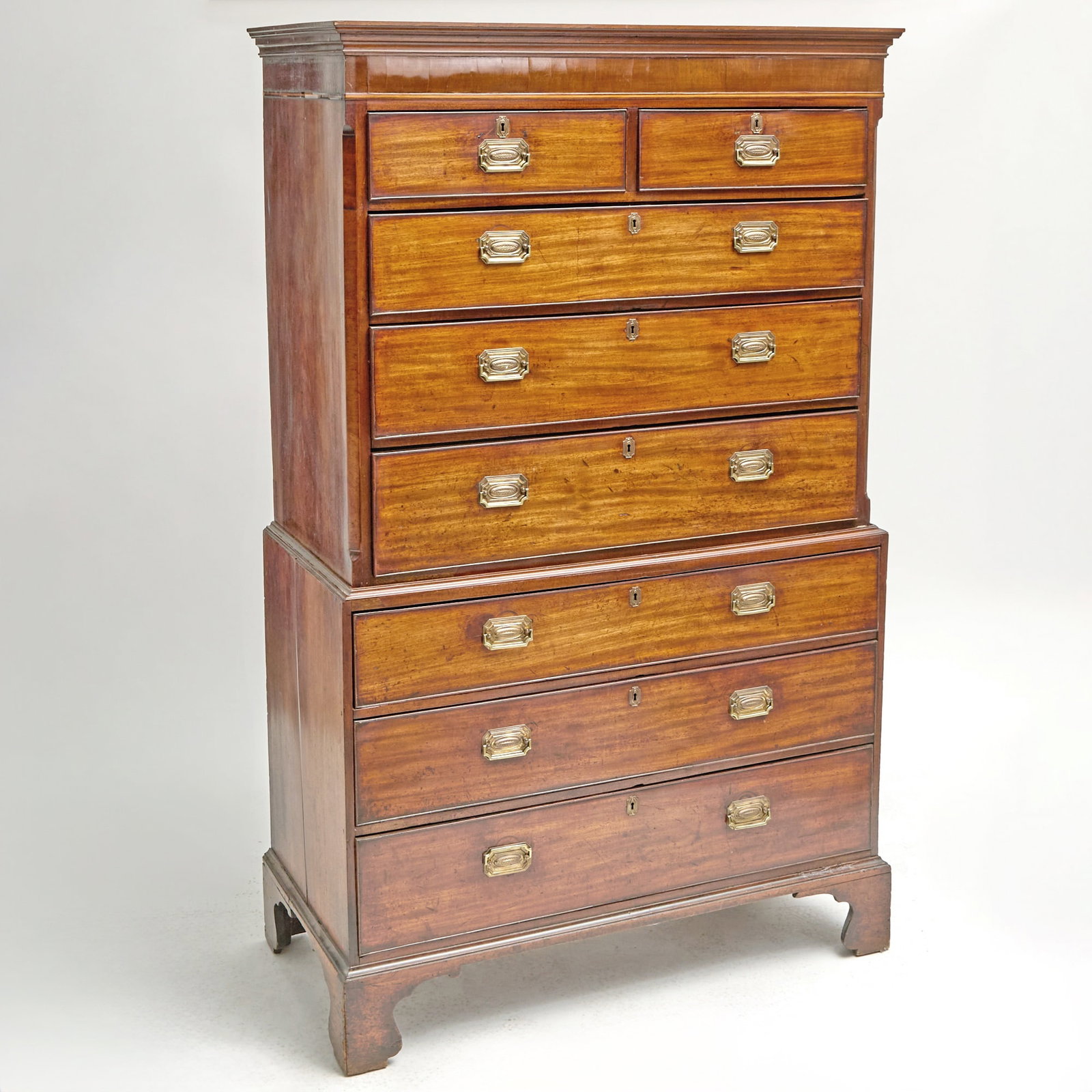 George III Mahogany Chest on Chest: Height 6 feet 2 inches, width 46 inches, depth 22 3/4 inches.