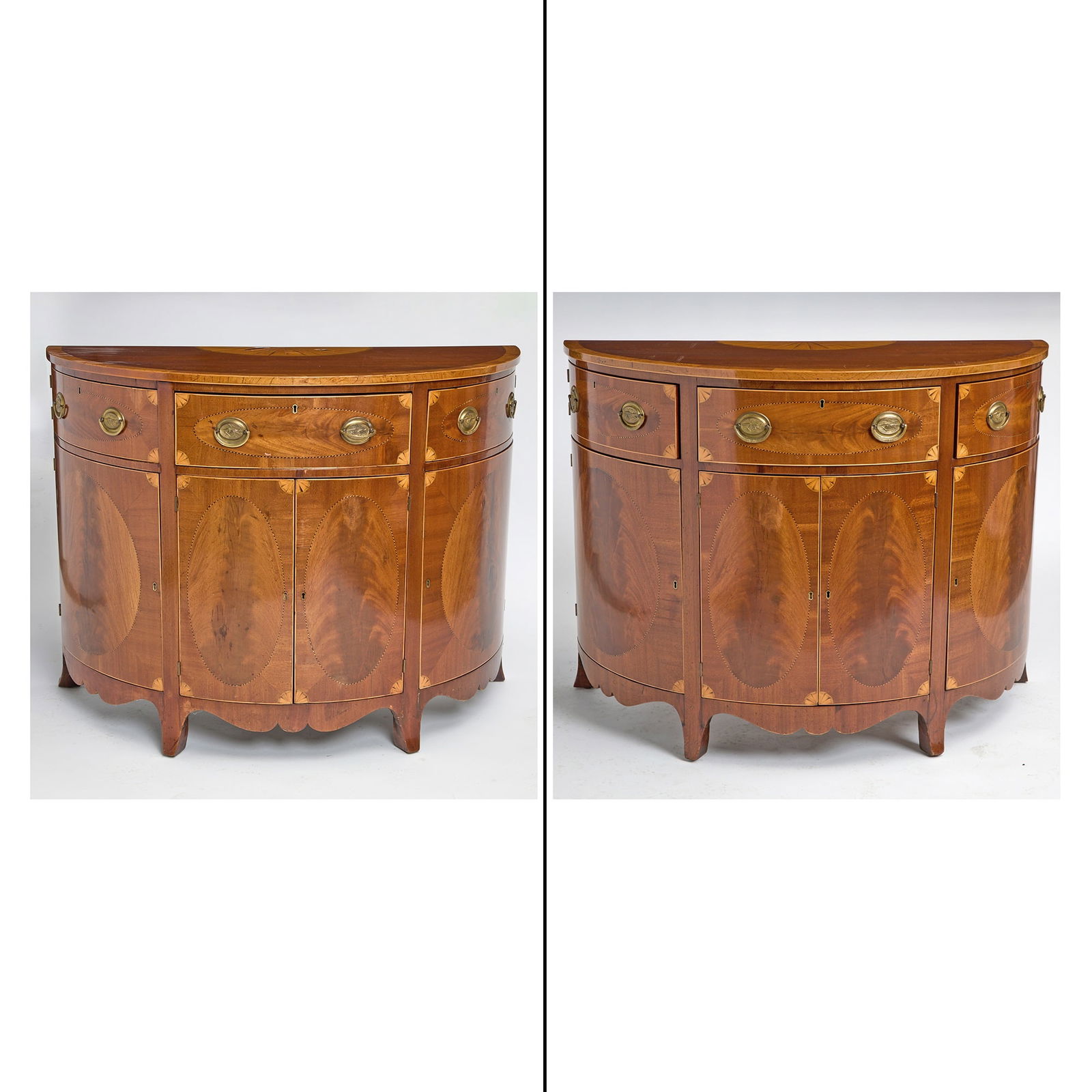 Pair of George III Style Inlaid Mahogany Demilune Commodes (1 of 9)