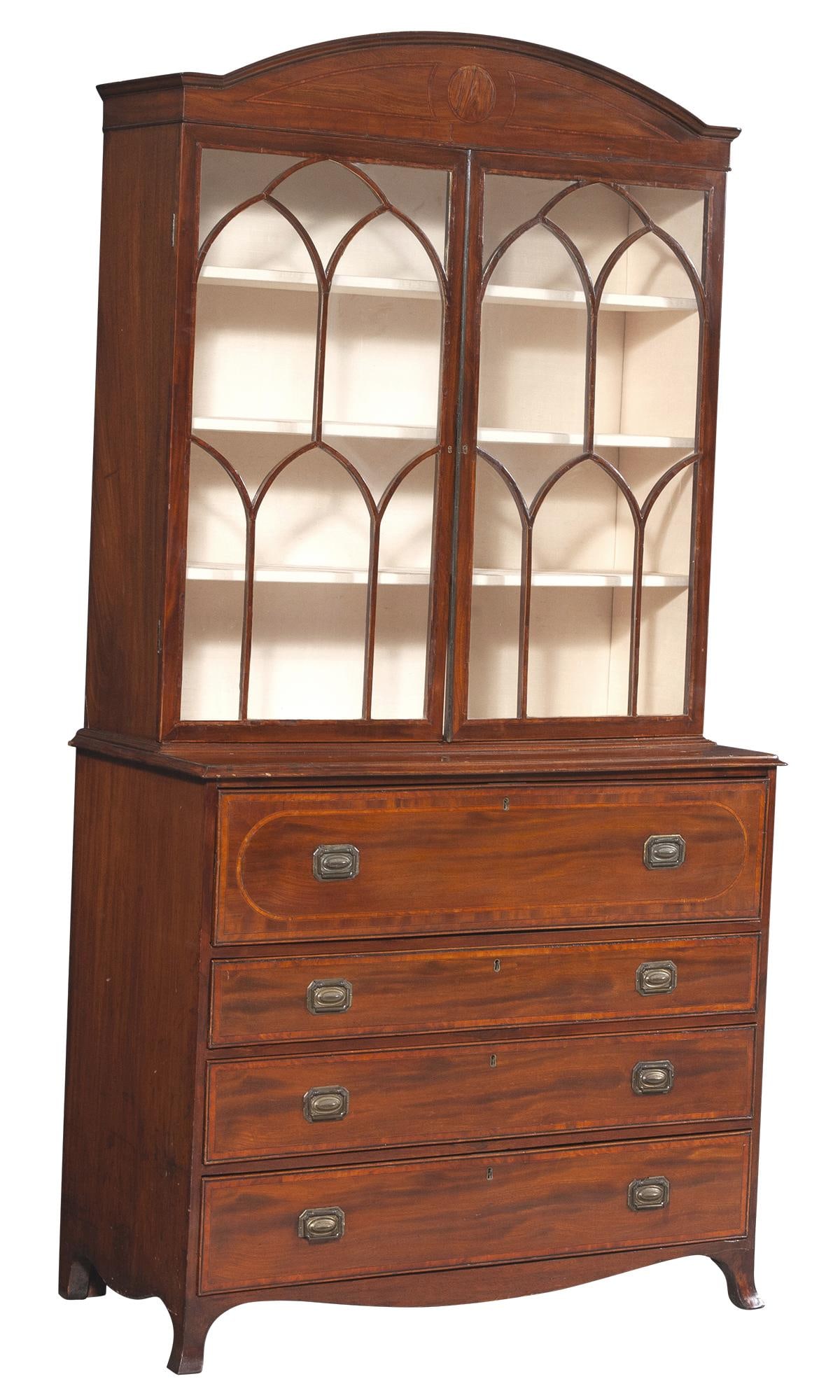 George III Inlaid Mahogany Secretary Bookcase First quarter 19th century: The lower section with a drawer fitted for writing. Height 7 feet 6 1/2 inches (2.29m), width 47 1/2 inches (120.7cm), depth 21 1/4 inches (54cm).