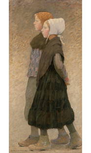 Charles Sprague Pearce: American, 1851-1914 Two Young Girls Signed CHARLES.SPRAGUE.PEARCE (ll); inscribed with the artist's name, and with an indistinct inscription on the stretcher Oil on canvas 39 7/8 x 19 3/4 inches (101.