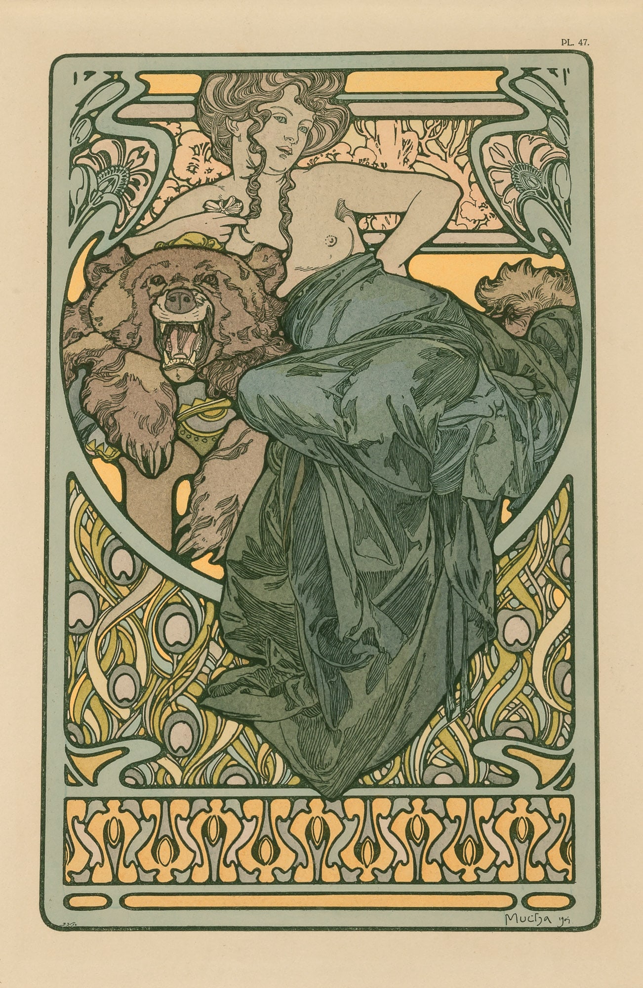 Alphonse Mucha (1860-1939): DOCUMENT DECORATIFS Color lithograph, 1902, on wove paper, printed by F. Champenois, Paris, published by the Librarie Centrale des Beaux-Arts, Paris, with full margins, framed. Image 14 1/2 x 9 inches