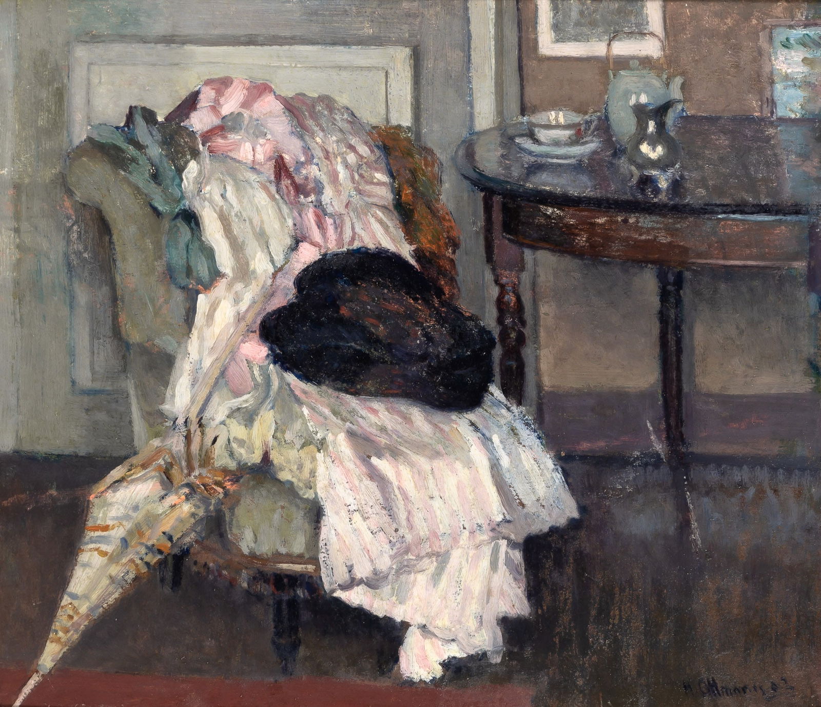 Henri Ottmann: Estate / Collection: Property from the Estate of Elaine and James D. Wolfensohn French, 1877-1927 After the Party, 1902 Signed and dated H. Ottmann '02 (lr) Oil on board 15 x 17 1/8 inches (38.1 x 43.