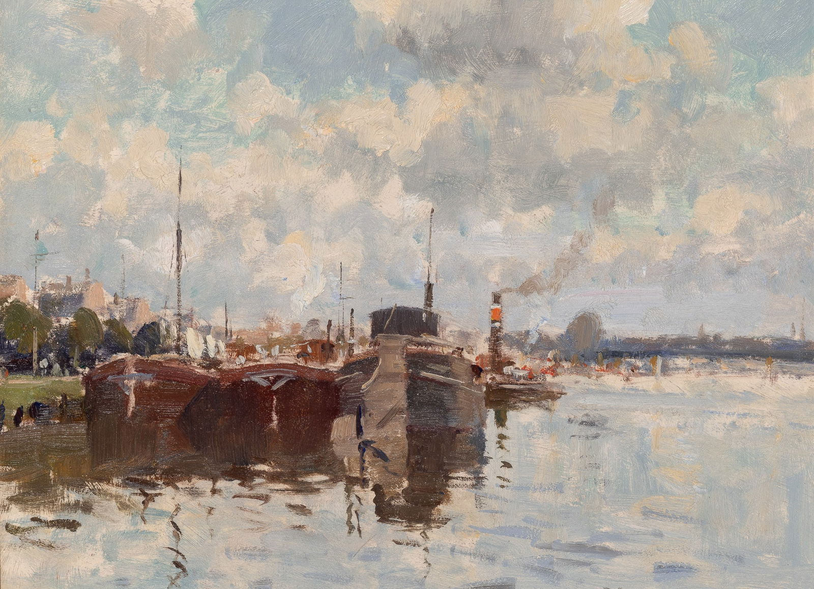 Edward Brian Seago: British, 1910-1974 The Barges at Vernon Stamped Edward Seago and titled on the reverse Oil on board 12 x 16 inches (30.5 x 40.6 cm) Frame: 18 1/2 x 22 5/8 inches