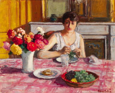Albert Andre: French, 1869-1954 Le Dessert, Femme à Table, circa 1938 Signed Albert Andre (lr); inscribed No 6 and 11508 on the stretcher Oil on canvas 23 5/8 x 28 3/4 inches (60 x 73 cm) Provenance: