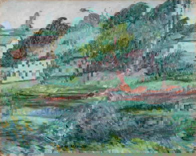 Samuel Halpert: American, 1884-1930 Houses and Trees Mirrored in Lake, 1911 Signed and dated S. HALPERT 11 (ll) Oil on canvas stretched over board 15 7/8 x 19 7/8 inches (40.3 x 50.5 cm) Unframed