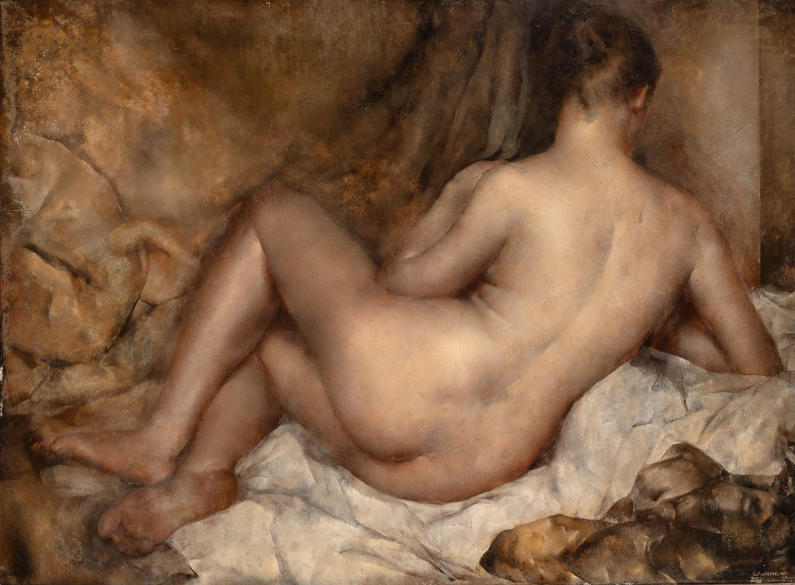 Grigory Gluckmann: Estate / Collection: Property From a Gloucester, Massachusetts Collection Belarusian, 1898-1973 Nude in Repose, 1934 Signed and dated Gluckmann/ Paris 1934 (lr) Oil on panel 38 x 51 1/4 inches (96.5 x