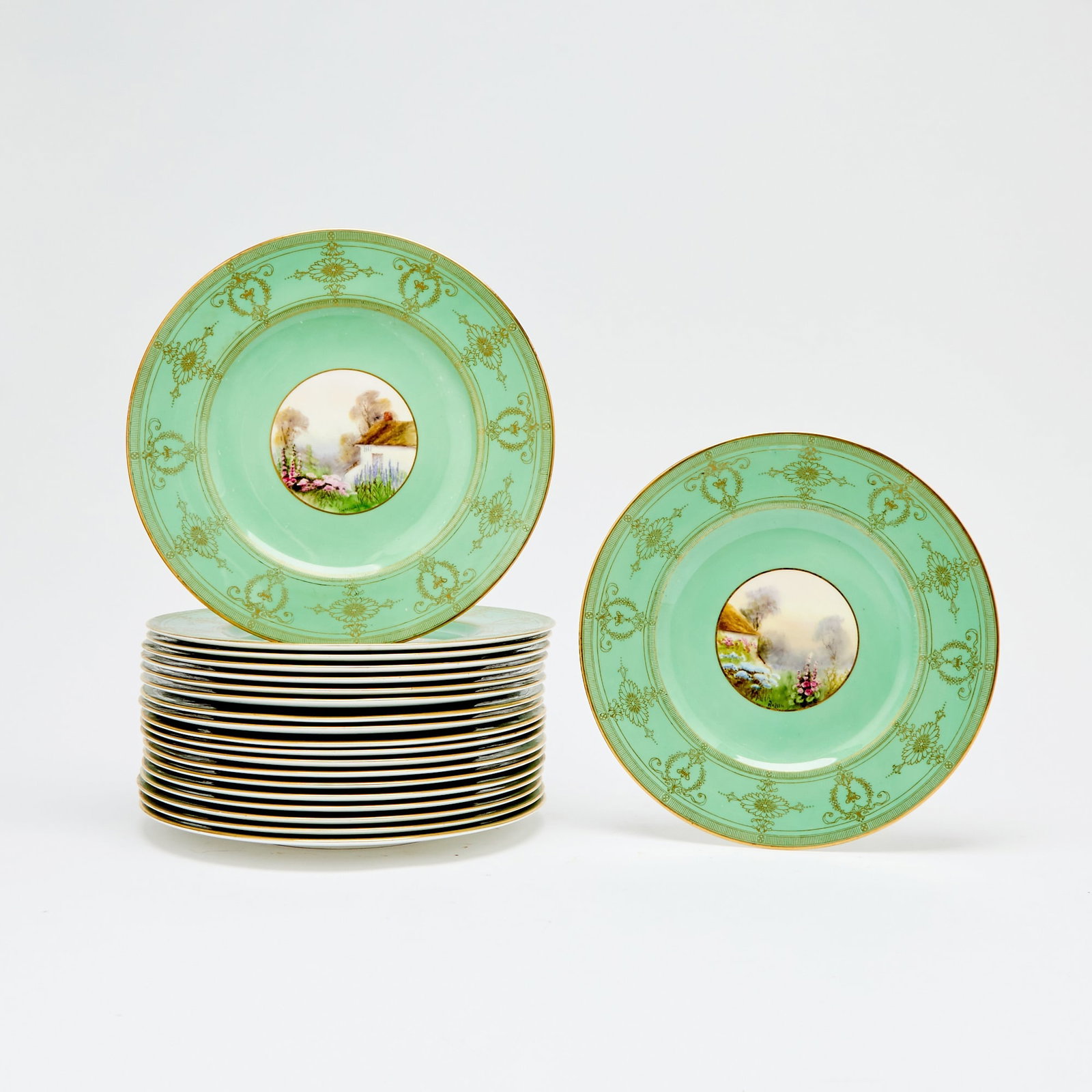 Set of Twenty Royal Worcester Gilt and Hand-Painted Green-Ground Porcelain Dinner Cabinet Plates (1 of 5)