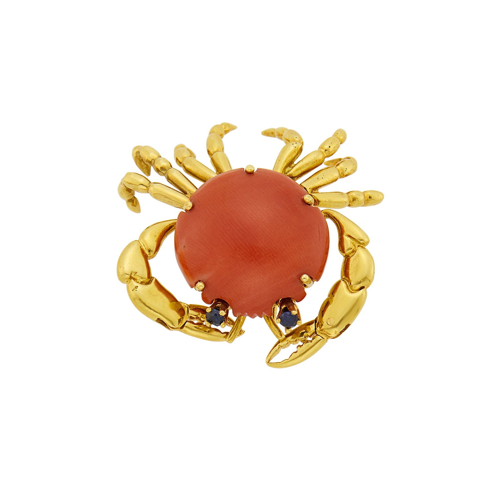Mellerio Gold, Coral and Sapphire Crab Clip-Brooch: One round cabochon coral ap. 18.0 mm., 2 round sapphire eyes, signed Mellerio, no. 4905, with maker's marks, slightly movable claws and legs, ap. 13 dwts. gross. Coral: medium deep oran