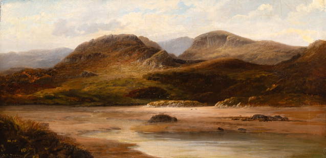 Sidney Richard Percy: British, 1821-1886Highland LandscapeSigned S. R. Percy (ll)Oil on canvas18 1/4 x 36 inches (46.3 x 91.5 cm)Frame 23 1/4 x 41 1/4 inches (59 x 104.5 cm) Glu