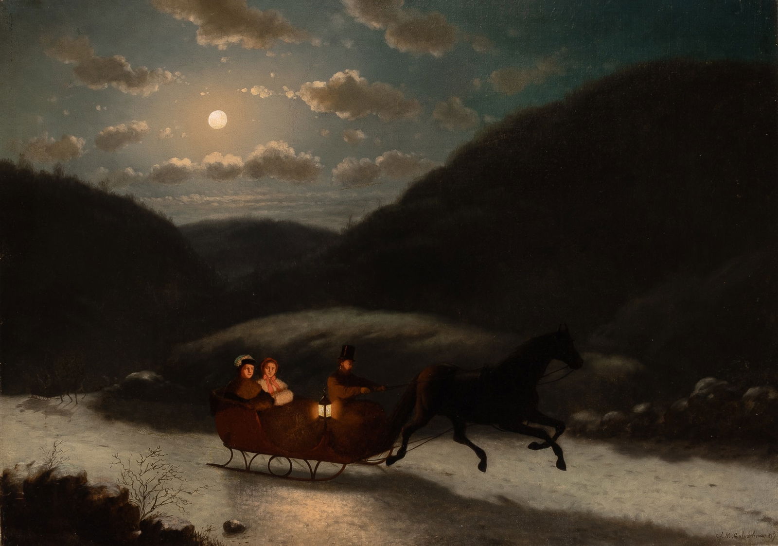 Johann Mongels Culverhouse: Dutch/American, 1825-1895Moonlight Sleighride Signed J. M. Culverhouse and dated 67 (lr)Oil on canvas30 1/8 x 42 1/2 inches (76.4 x 108 cm)Frame 38 7/8 x 50 7/8 inches (98.7 x 129.4 cm)