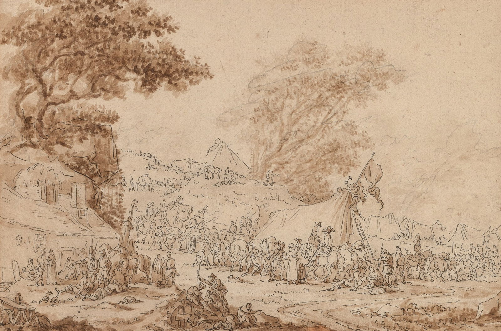 Follower of Jacques Callot: A Military EncampmentSigned D. f. (ll)Black ink with brown wash on laid paperSight 7 1/2 x 11 inches (19 x 28 cm)Frame 13 1/4 x 17 inches (33.6 x 43.4 cm) Slight