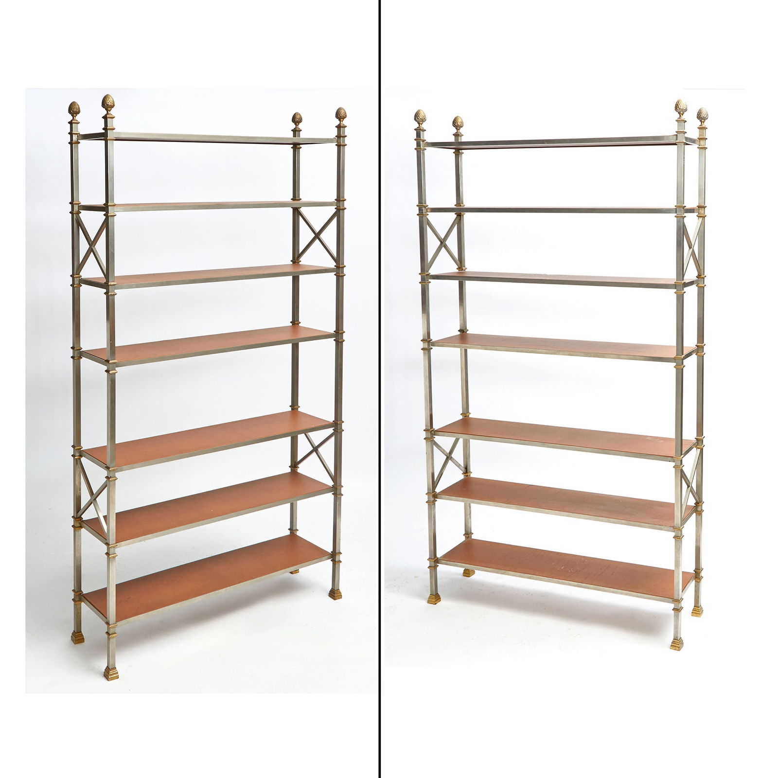 Pair of Neoclassical Style Brass and Brushed Steel Étagères Attributed to Maison Jansen, (1 of 5)