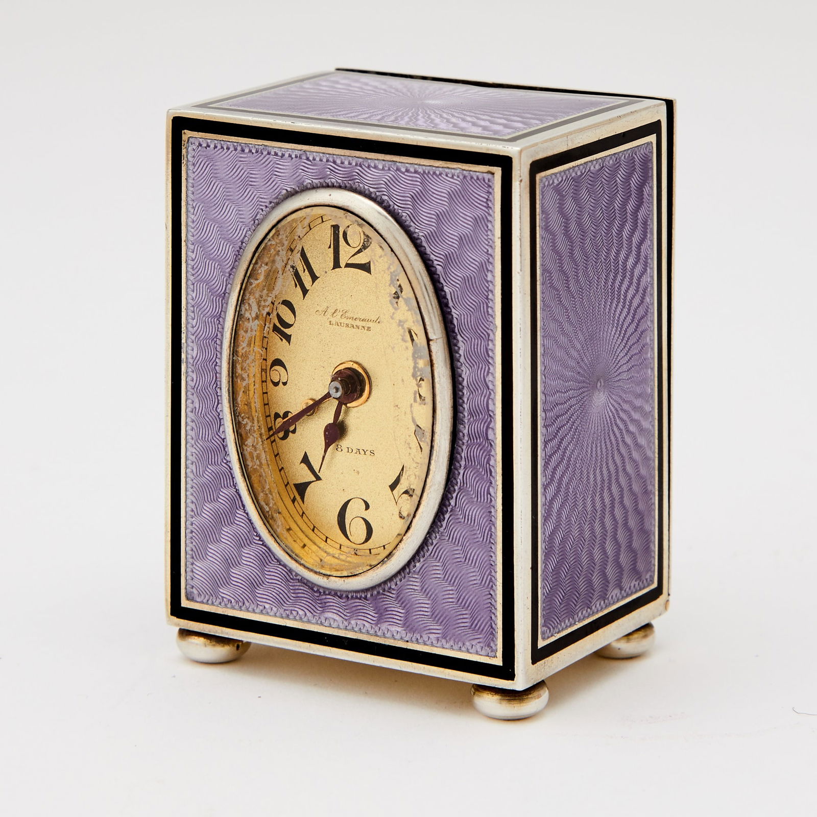 Swiss Silver and Guilloché Enamel Miniature Eight-Day Desk Clock Eterna, Retialed by (1 of 5)
