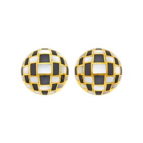 Tiffany & Co. Pair of Gold, Mother-of-Pearl and Black Jade Checkerboard Bombé Earrings